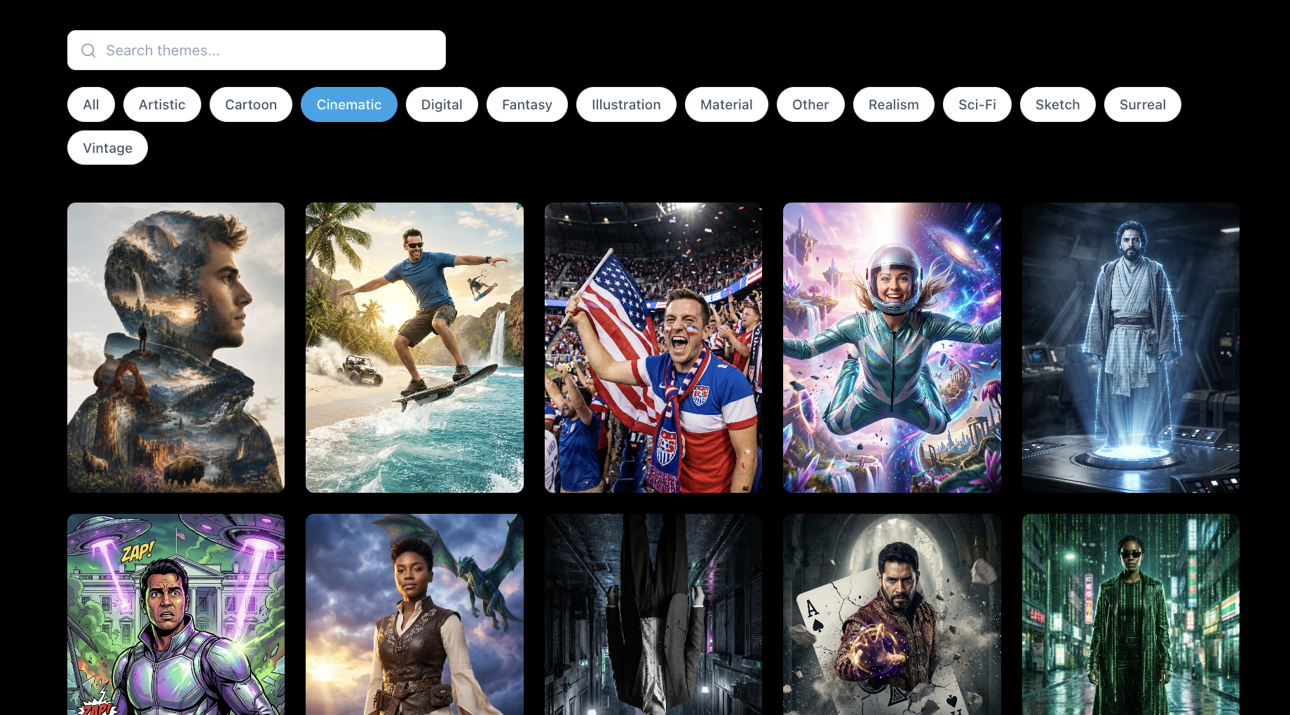 Prompt Catalog widget showing the default blue accent color on the active Cinematic filter chip.