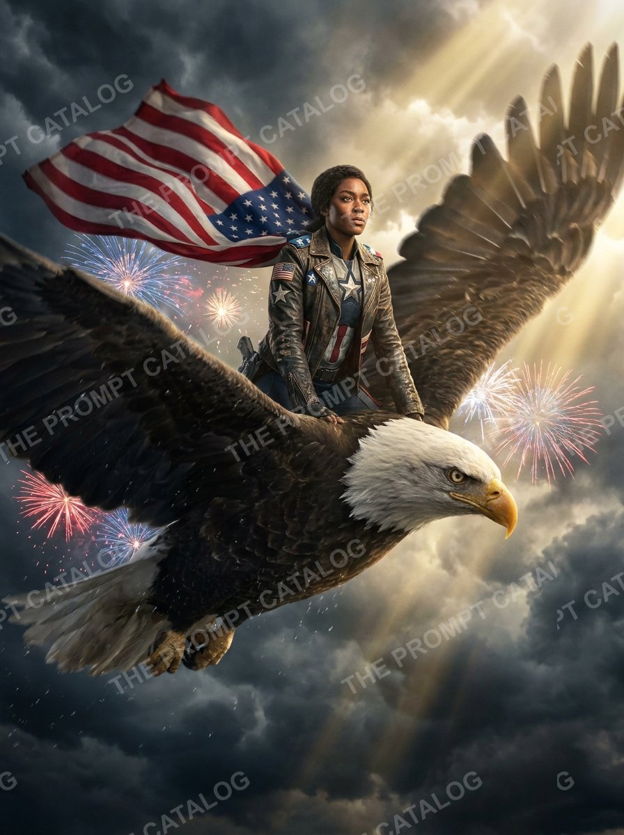 AI photo booth prompt theme: Patriotic Eagle Rider