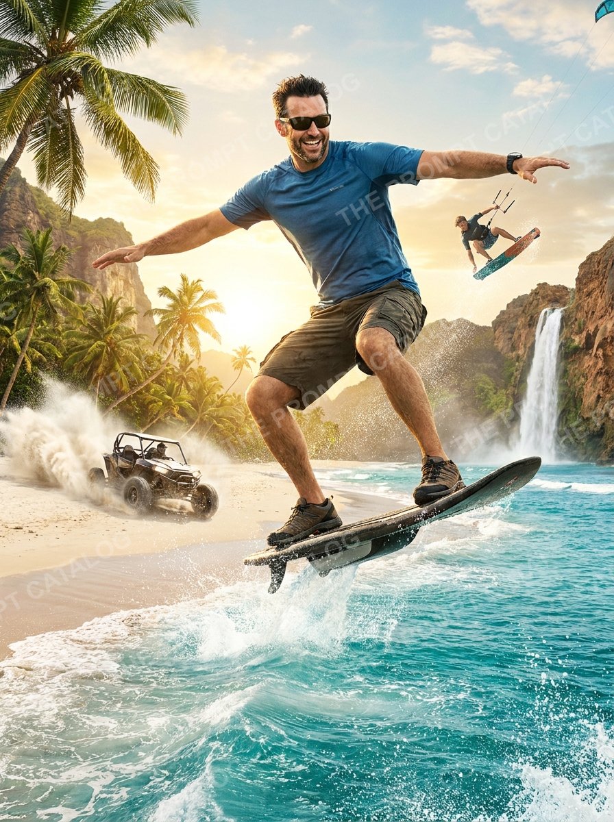 AI photo booth prompt theme: Extreme Beach Adventure Compilation
