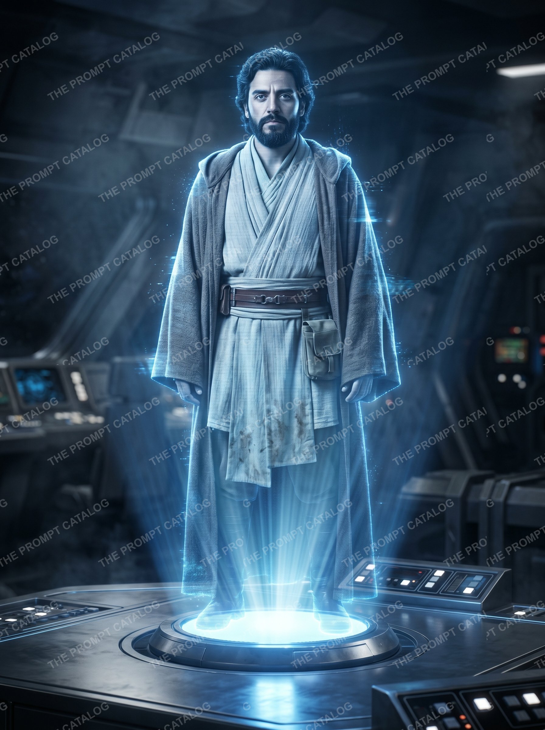 AI photo booth prompt theme: Jedi Hologram Transmission