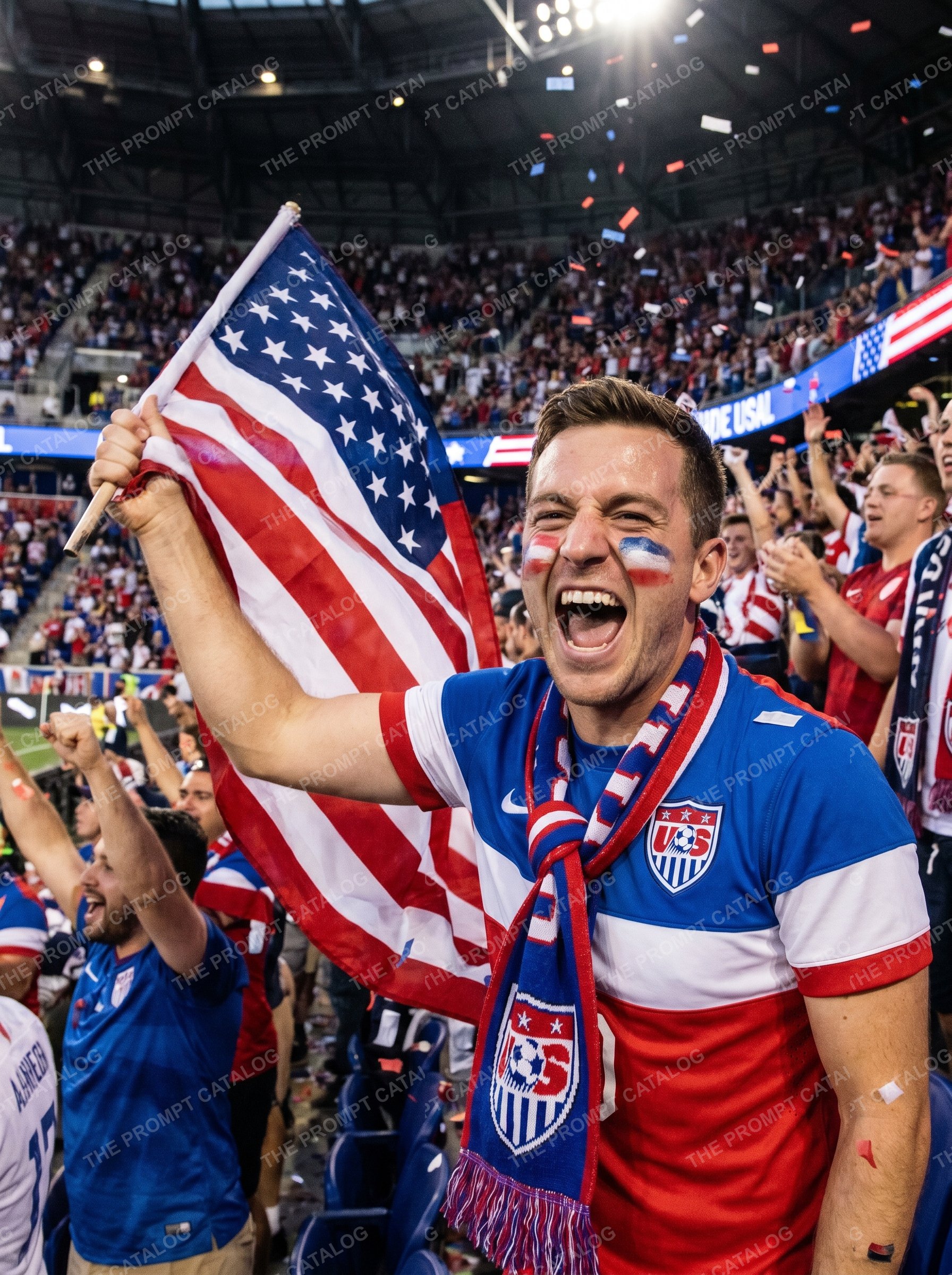 Soccer-themed AI photo booth prompt: Soccer Fan Cheering in Stadium
